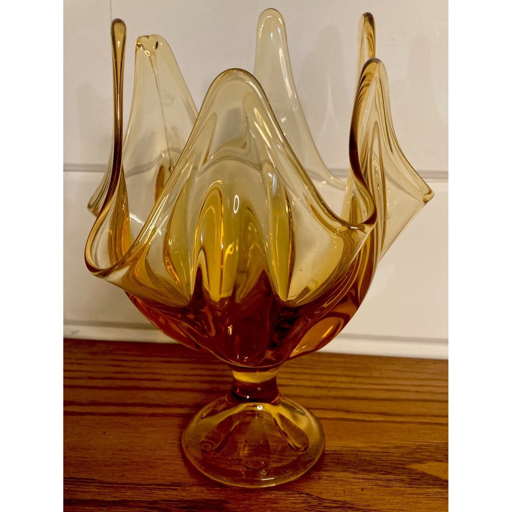 Vintage Viking Glass Amber Honey Handkerchief Vase 1960's Mid Century Modern EUC